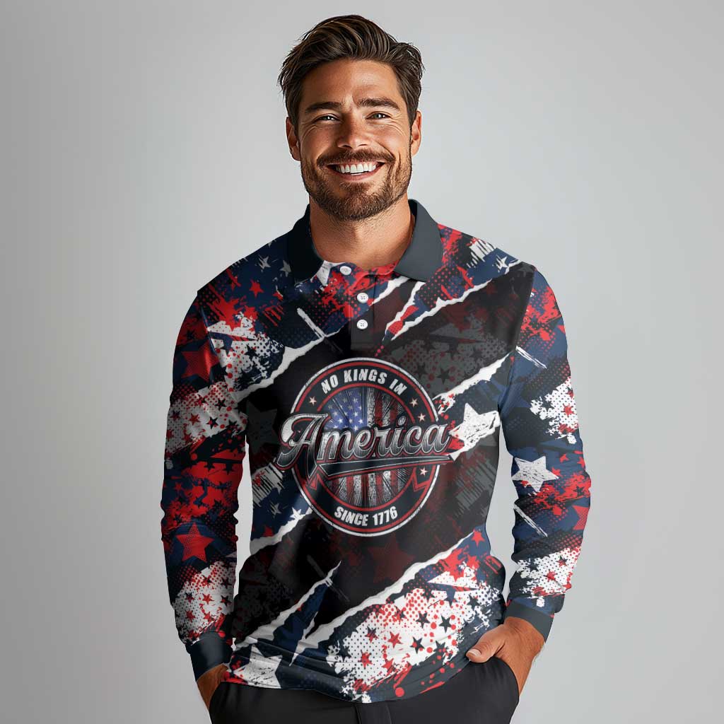 No Kings In America Since 1776 Long Sleeve Polo Shirt Grunge Style - Wonder Print Shop