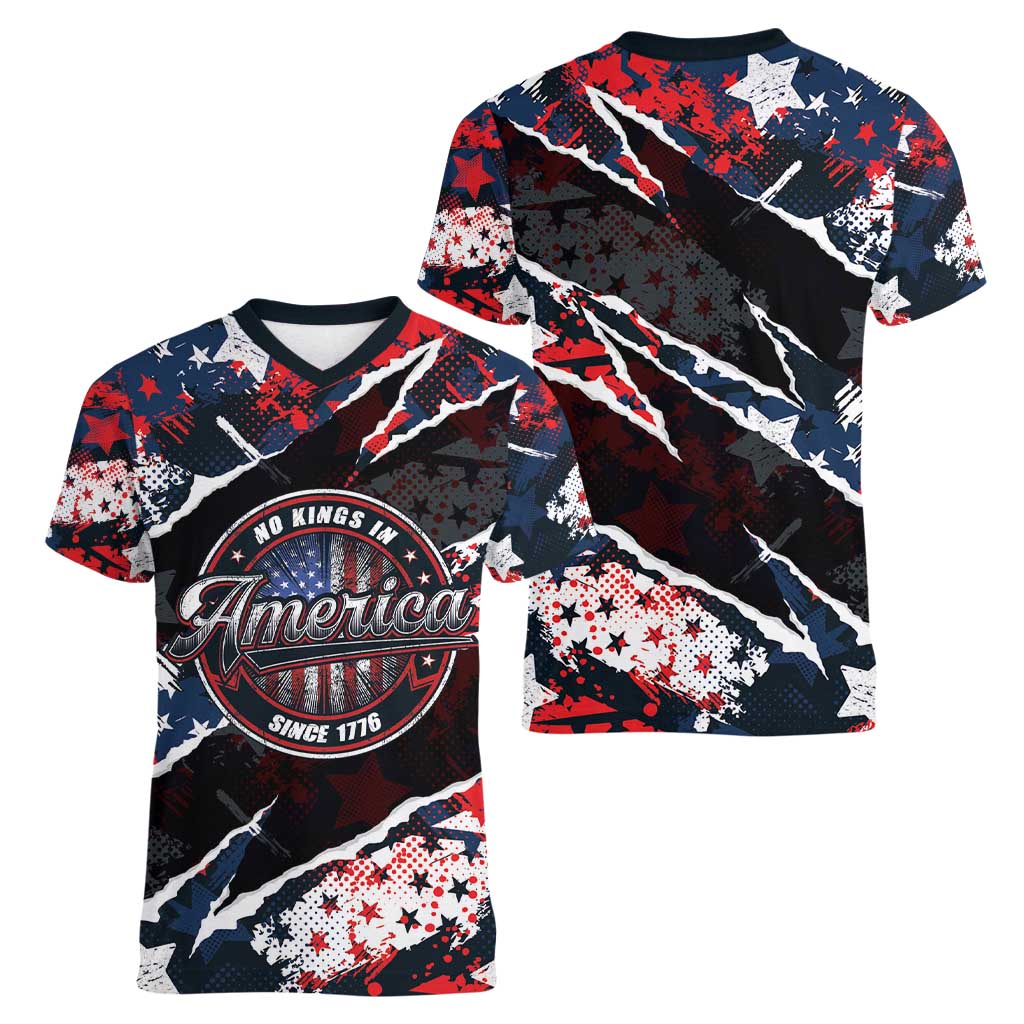 No Kings In America Since 1776 Women V-Neck T-Shirt Grunge Style - Wonder Print Shop