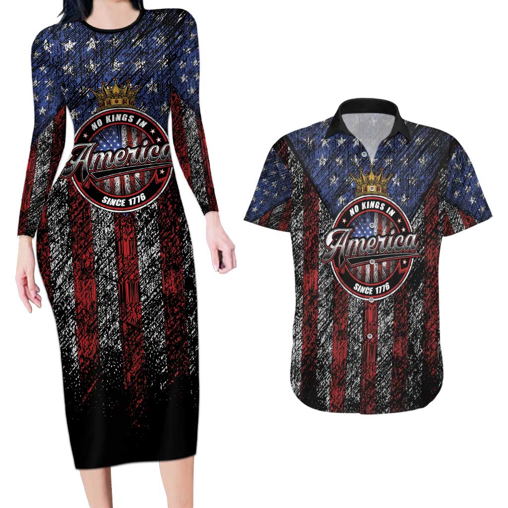 No Kings In America Since 1777 Couples Matching Long Sleeve Bodycon Dress and Hawaiian Shirt Retro Vibe - Wonder Print Shop