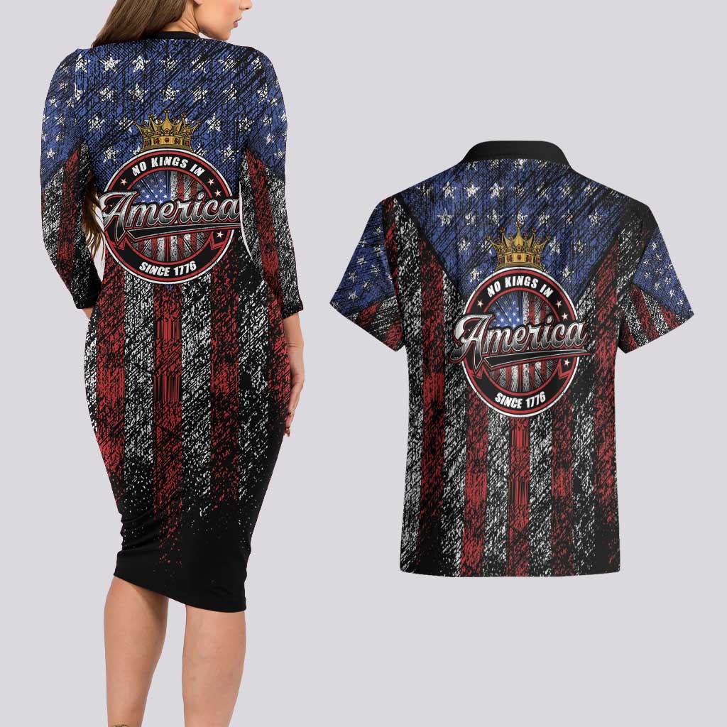 No Kings In America Since 1777 Couples Matching Long Sleeve Bodycon Dress and Hawaiian Shirt Retro Vibe - Wonder Print Shop