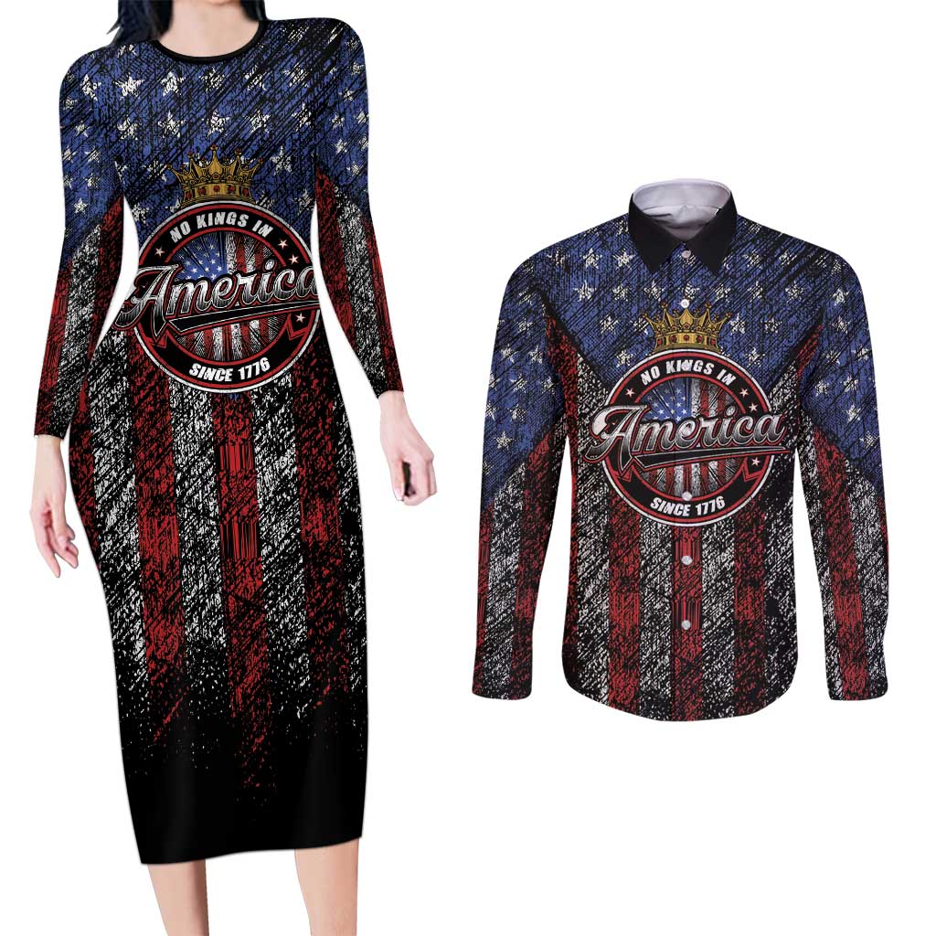 No Kings In America Since 1777 Couples Matching Long Sleeve Bodycon Dress and Long Sleeve Button Shirt Retro Vibe - Wonder Print Shop