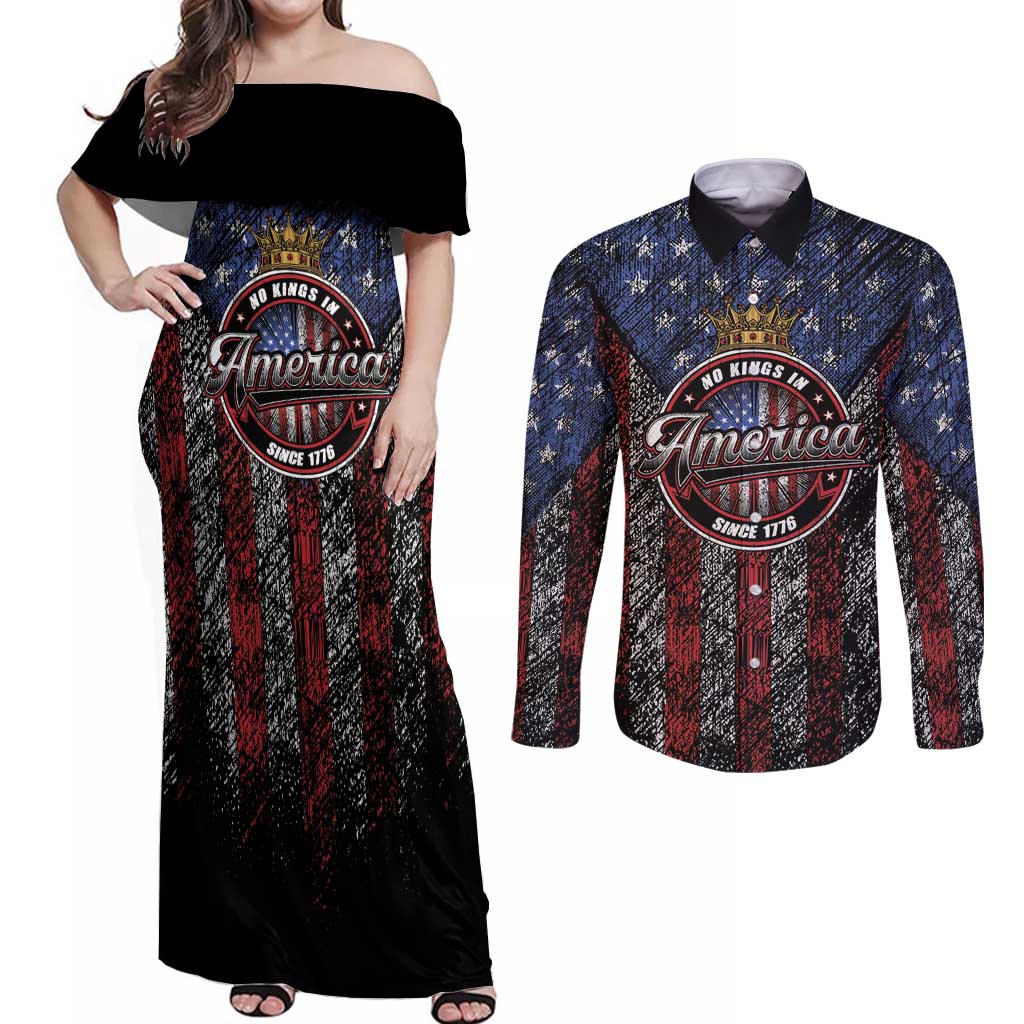 No Kings In America Since 1777 Couples Matching Off Shoulder Maxi Dress and Long Sleeve Button Shirt Retro Vibe - Wonder Print Shop