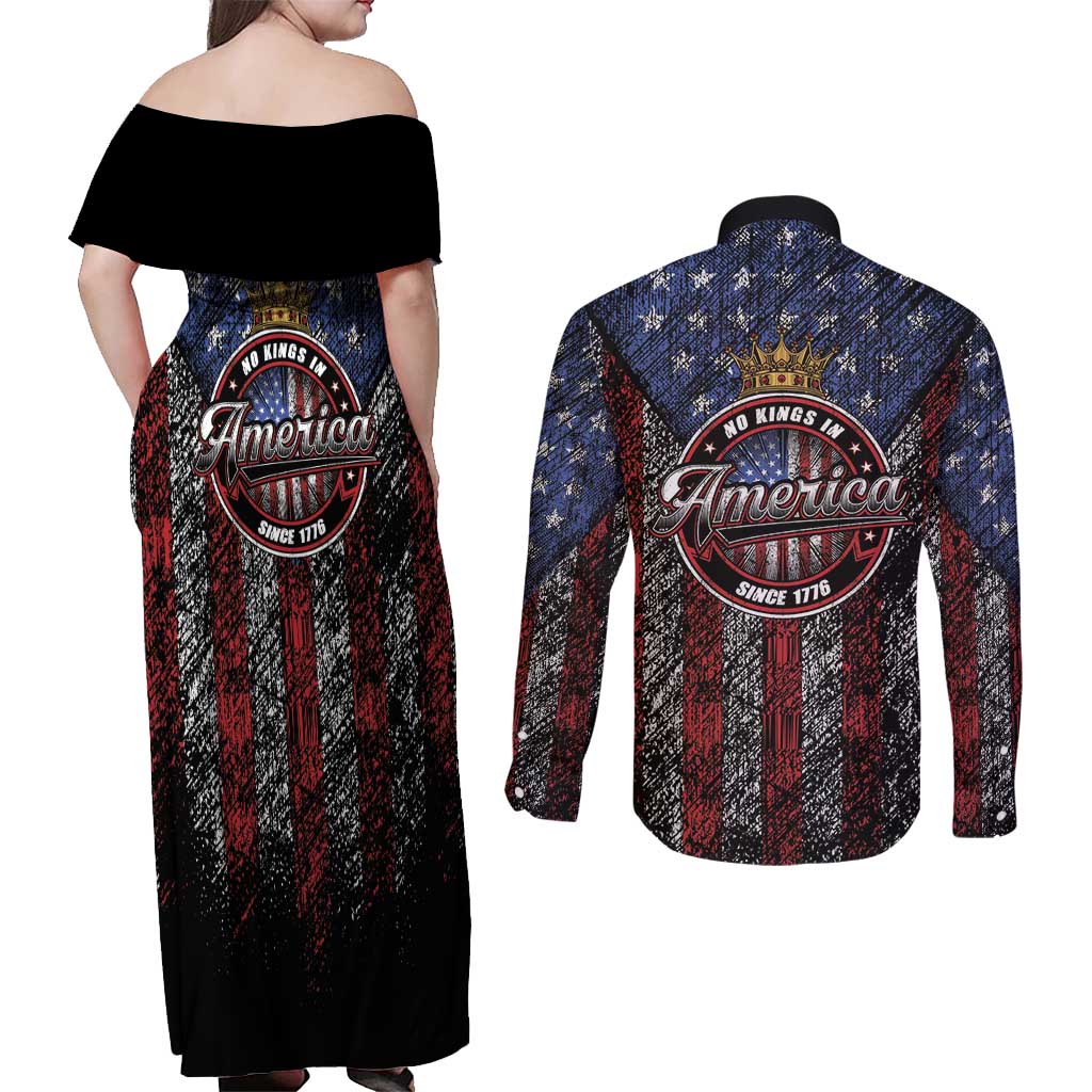 No Kings In America Since 1777 Couples Matching Off Shoulder Maxi Dress and Long Sleeve Button Shirt Retro Vibe - Wonder Print Shop