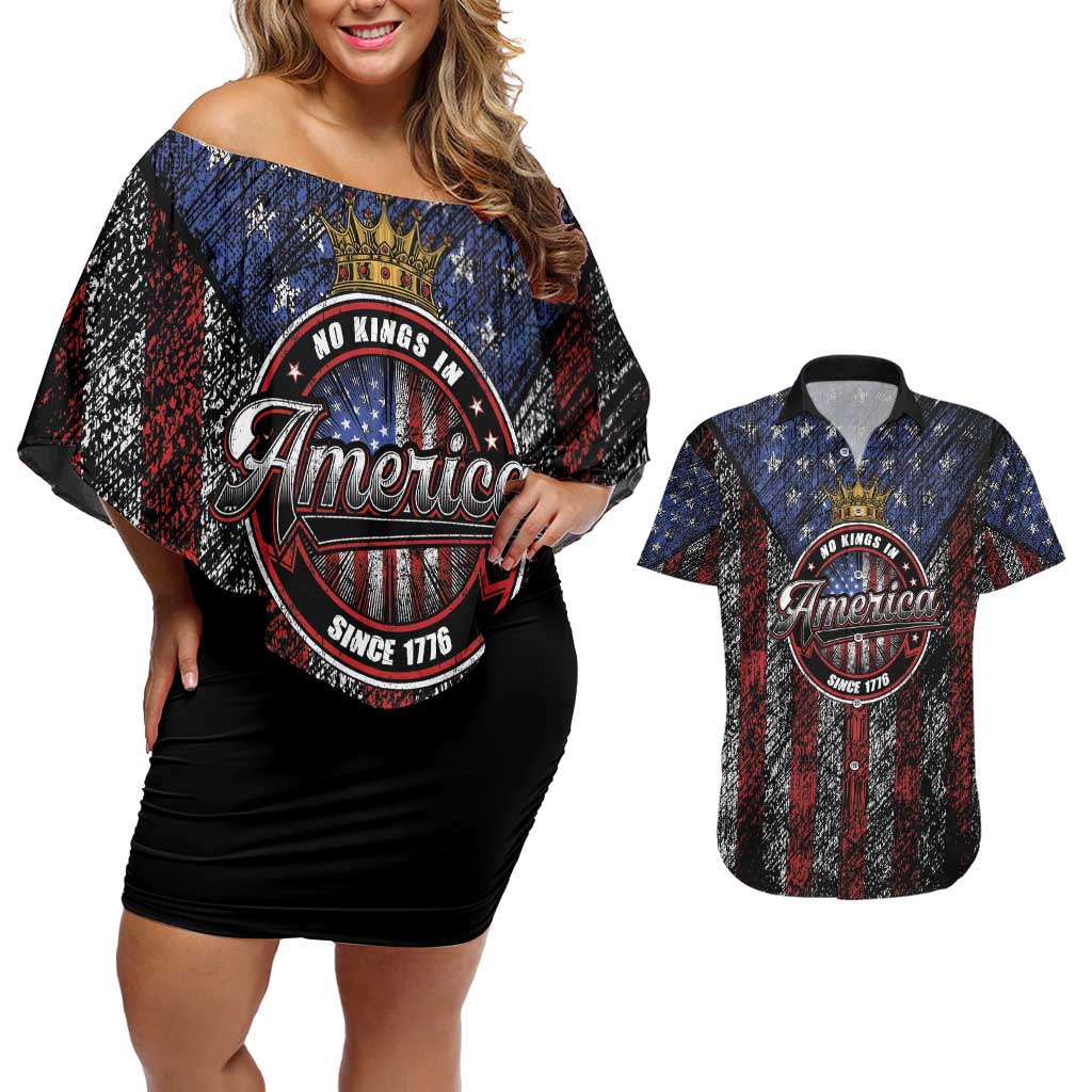 No Kings In America Since 1777 Couples Matching Off Shoulder Short Dress and Hawaiian Shirt Retro Vibe - Wonder Print Shop