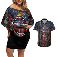 No Kings In America Since 1777 Couples Matching Off Shoulder Short Dress and Hawaiian Shirt Retro Vibe - Wonder Print Shop