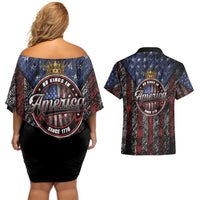 No Kings In America Since 1777 Couples Matching Off Shoulder Short Dress and Hawaiian Shirt Retro Vibe - Wonder Print Shop