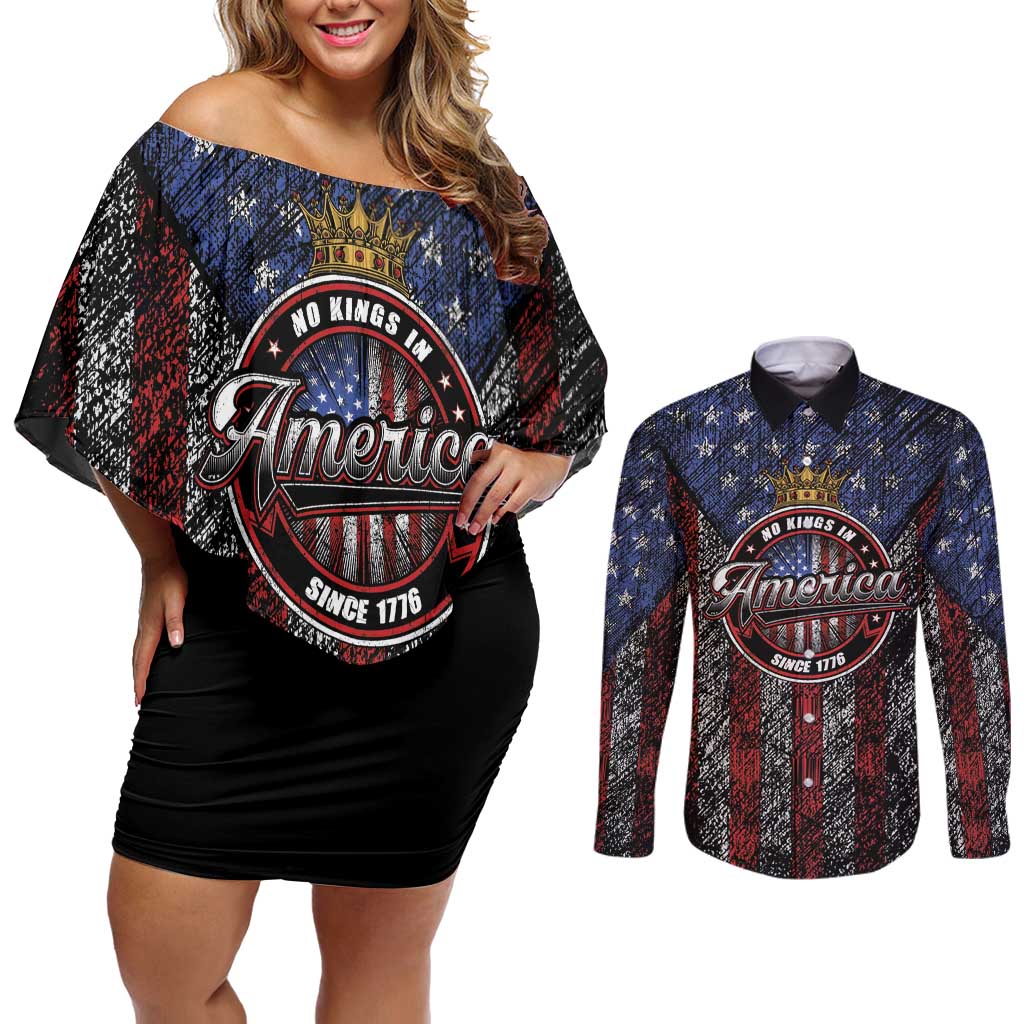 No Kings In America Since 1777 Couples Matching Off Shoulder Short Dress and Long Sleeve Button Shirt Retro Vibe - Wonder Print Shop