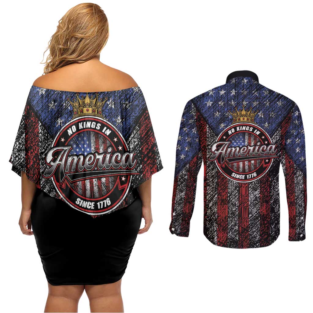 No Kings In America Since 1777 Couples Matching Off Shoulder Short Dress and Long Sleeve Button Shirt Retro Vibe - Wonder Print Shop