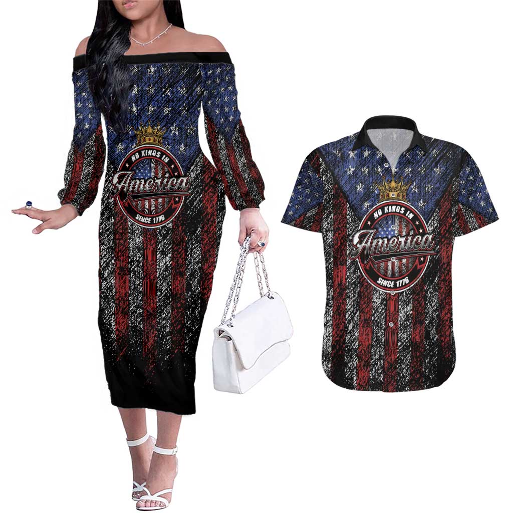 No Kings In America Since 1777 Couples Matching Off The Shoulder Long Sleeve Dress and Hawaiian Shirt Retro Vibe - Wonder Print Shop