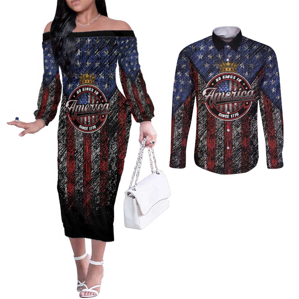 No Kings In America Since 1777 Couples Matching Off The Shoulder Long Sleeve Dress and Long Sleeve Button Shirt Retro Vibe - Wonder Print Shop