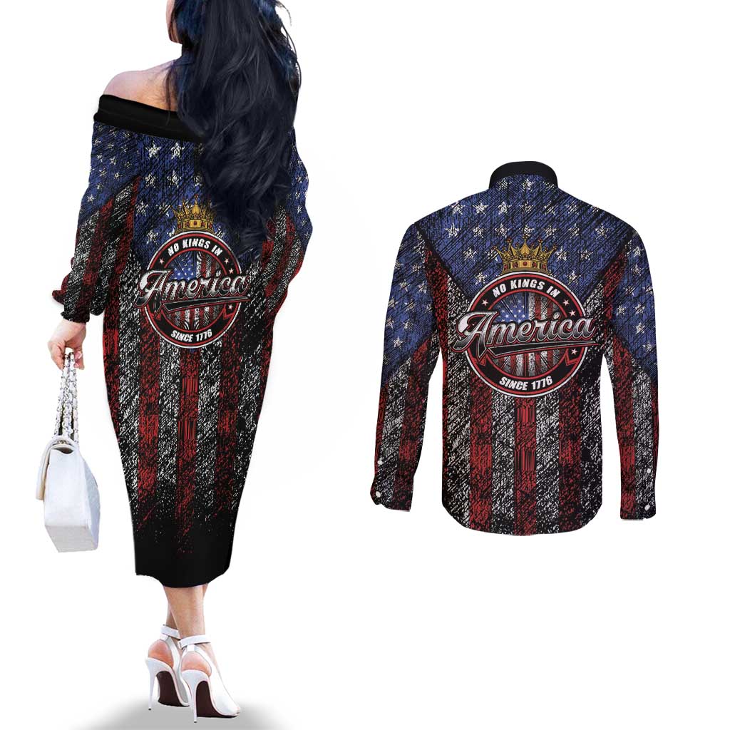 No Kings In America Since 1777 Couples Matching Off The Shoulder Long Sleeve Dress and Long Sleeve Button Shirt Retro Vibe - Wonder Print Shop