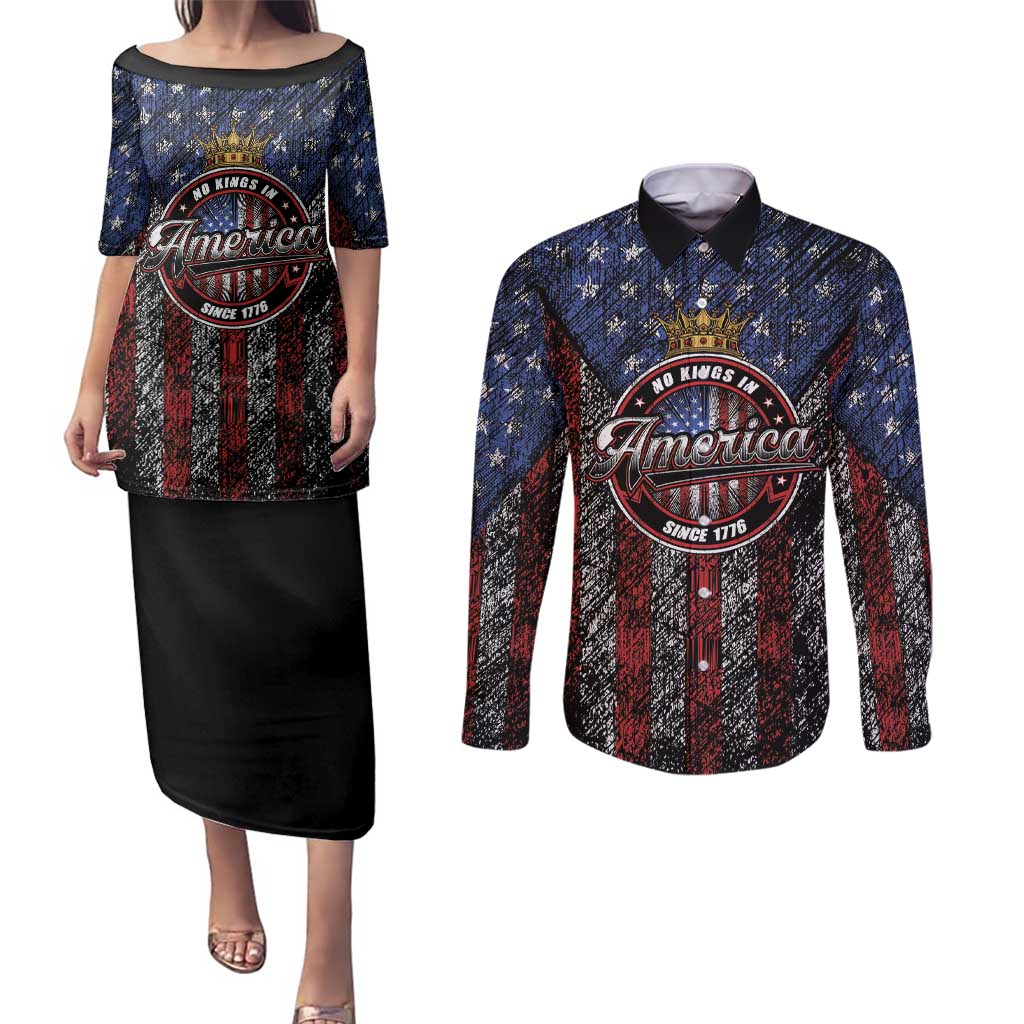 No Kings In America Since 1777 Couples Matching Puletasi and Long Sleeve Button Shirt Retro Vibe - Wonder Print Shop