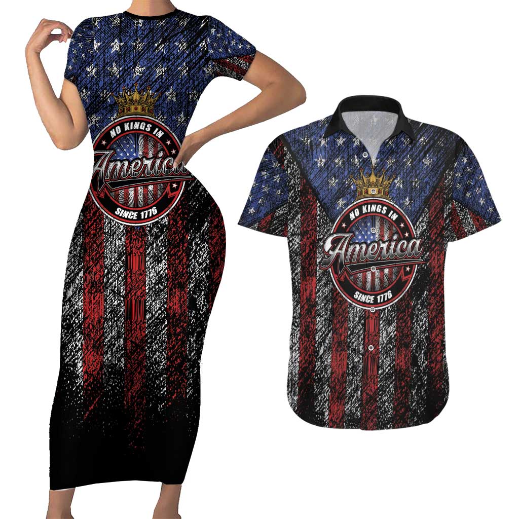 No Kings In America Since 1777 Couples Matching Short Sleeve Bodycon Dress and Hawaiian Shirt Retro Vibe - Wonder Print Shop