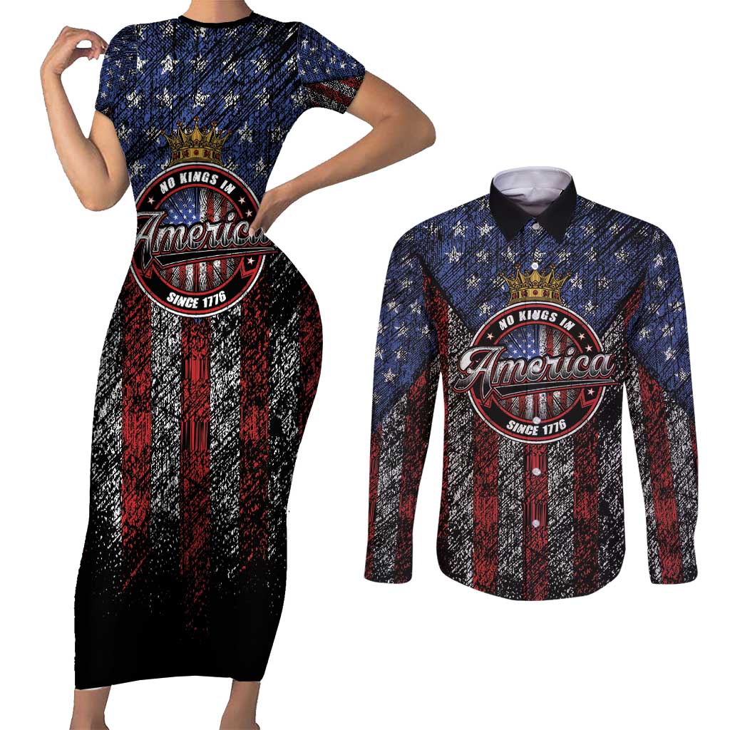 No Kings In America Since 1777 Couples Matching Short Sleeve Bodycon Dress and Long Sleeve Button Shirt Retro Vibe - Wonder Print Shop