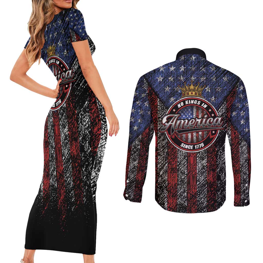 No Kings In America Since 1777 Couples Matching Short Sleeve Bodycon Dress and Long Sleeve Button Shirt Retro Vibe - Wonder Print Shop