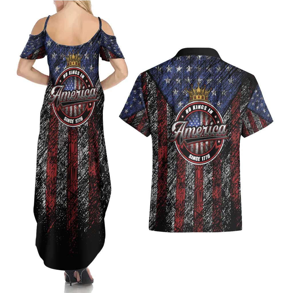 No Kings In America Since 1777 Couples Matching Summer Maxi Dress and Hawaiian Shirt Retro Vibe - Wonder Print Shop