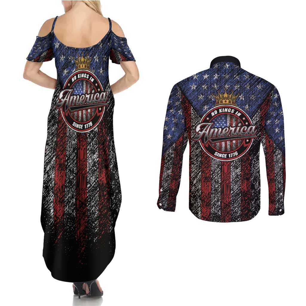No Kings In America Since 1777 Couples Matching Summer Maxi Dress and Long Sleeve Button Shirt Retro Vibe - Wonder Print Shop