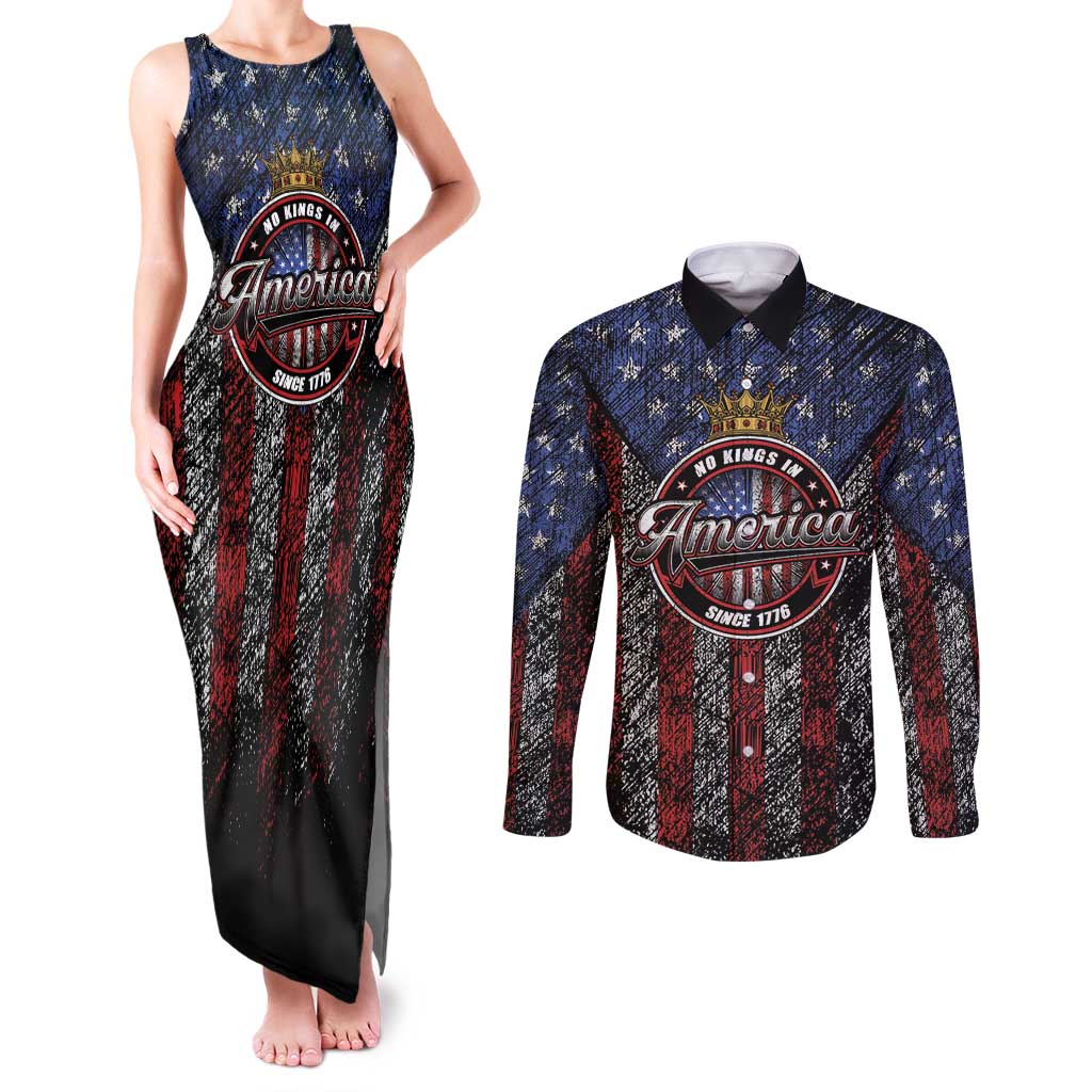 No Kings In America Since 1777 Couples Matching Tank Maxi Dress and Long Sleeve Button Shirt Retro Vibe - Wonder Print Shop
