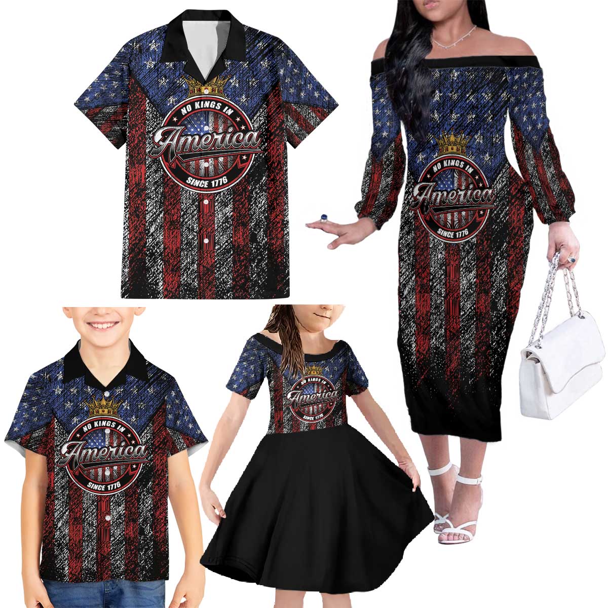 No Kings In America Since 1777 Family Matching Off The Shoulder Long Sleeve Dress and Hawaiian Shirt Retro Vibe - Wonder Print Shop