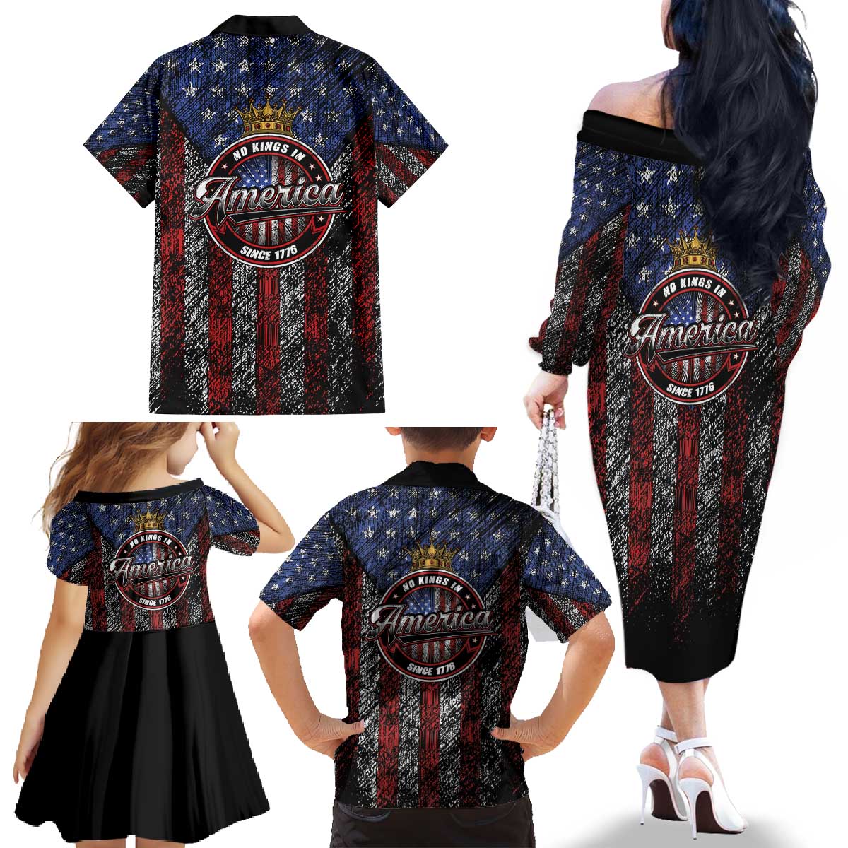No Kings In America Since 1777 Family Matching Off The Shoulder Long Sleeve Dress and Hawaiian Shirt Retro Vibe - Wonder Print Shop