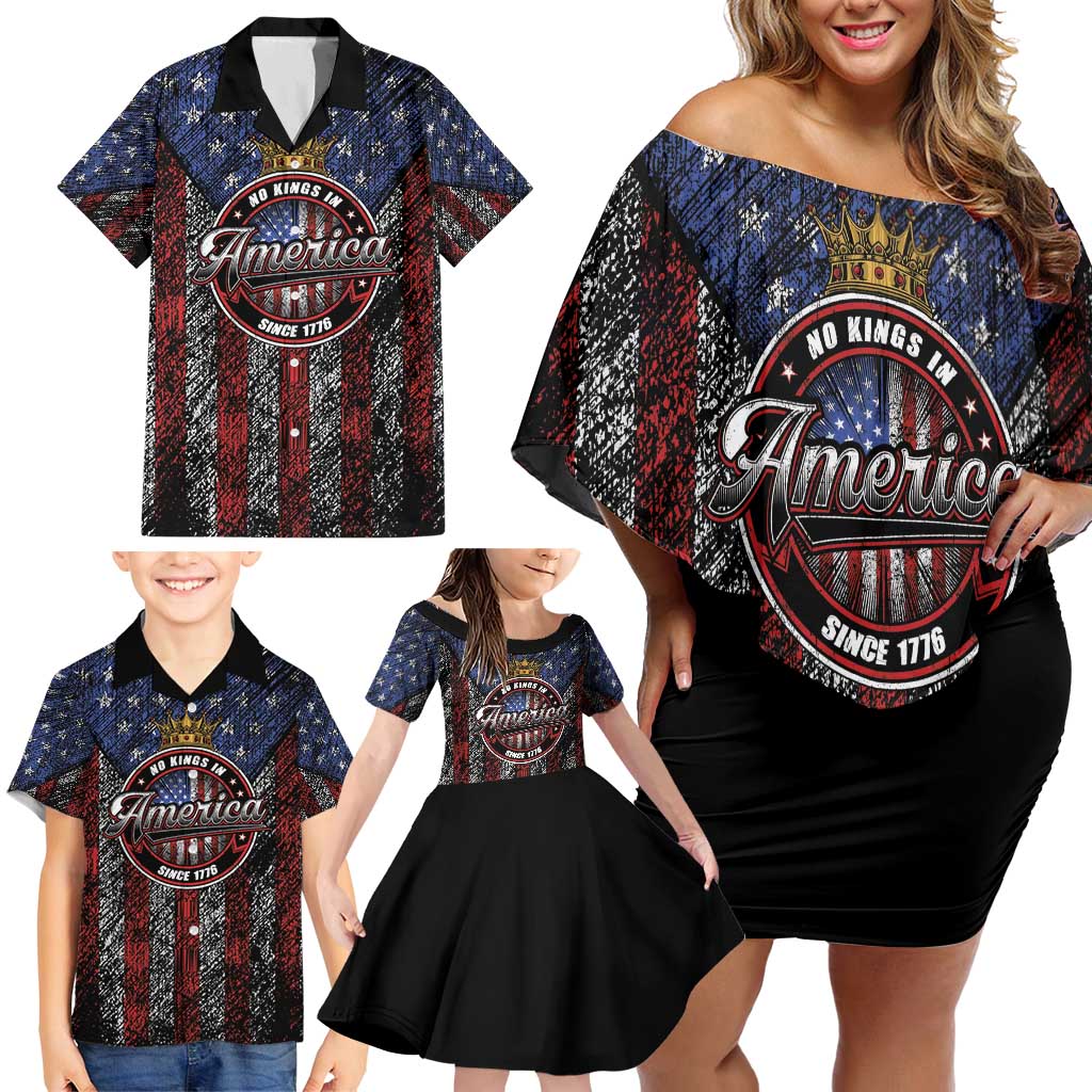 No Kings In America Since 1777 Family Matching Off Shoulder Short Dress and Hawaiian Shirt Retro Vibe - Wonder Print Shop