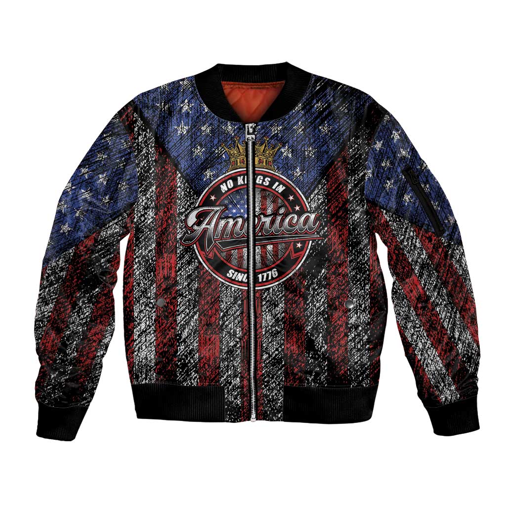 No Kings In America Since 1777 Sleeve Zip Bomber Jacket Retro Vibe - Wonder Print Shop
