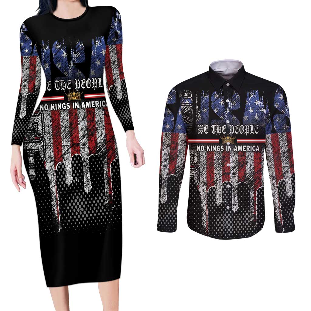 We The People Couples Matching Long Sleeve Bodycon Dress and Long Sleeve Button Shirt No Kings In America Since 1776 - Wonder Print Shop