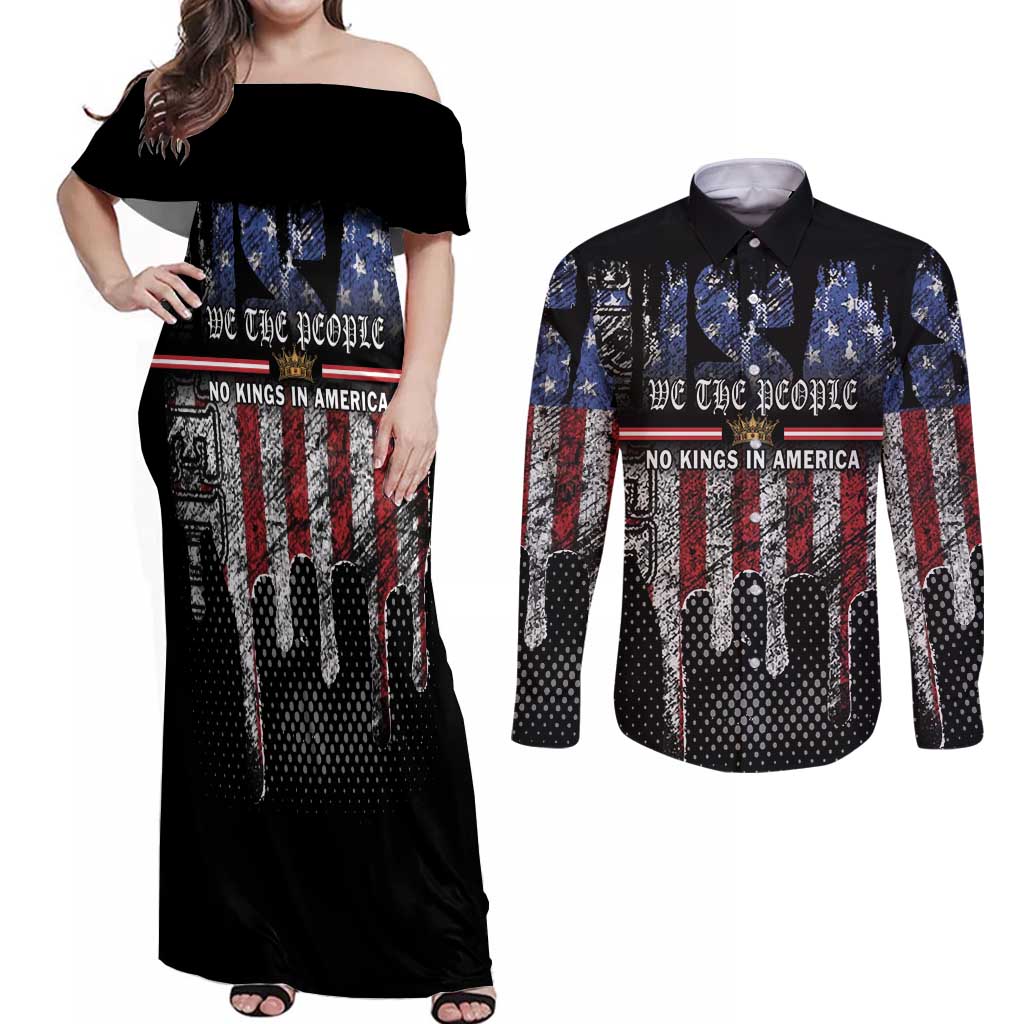 We The People Couples Matching Off Shoulder Maxi Dress and Long Sleeve Button Shirt No Kings In America Since 1776 - Wonder Print Shop
