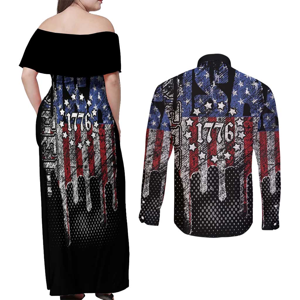 We The People Couples Matching Off Shoulder Maxi Dress and Long Sleeve Button Shirt No Kings In America Since 1776 - Wonder Print Shop