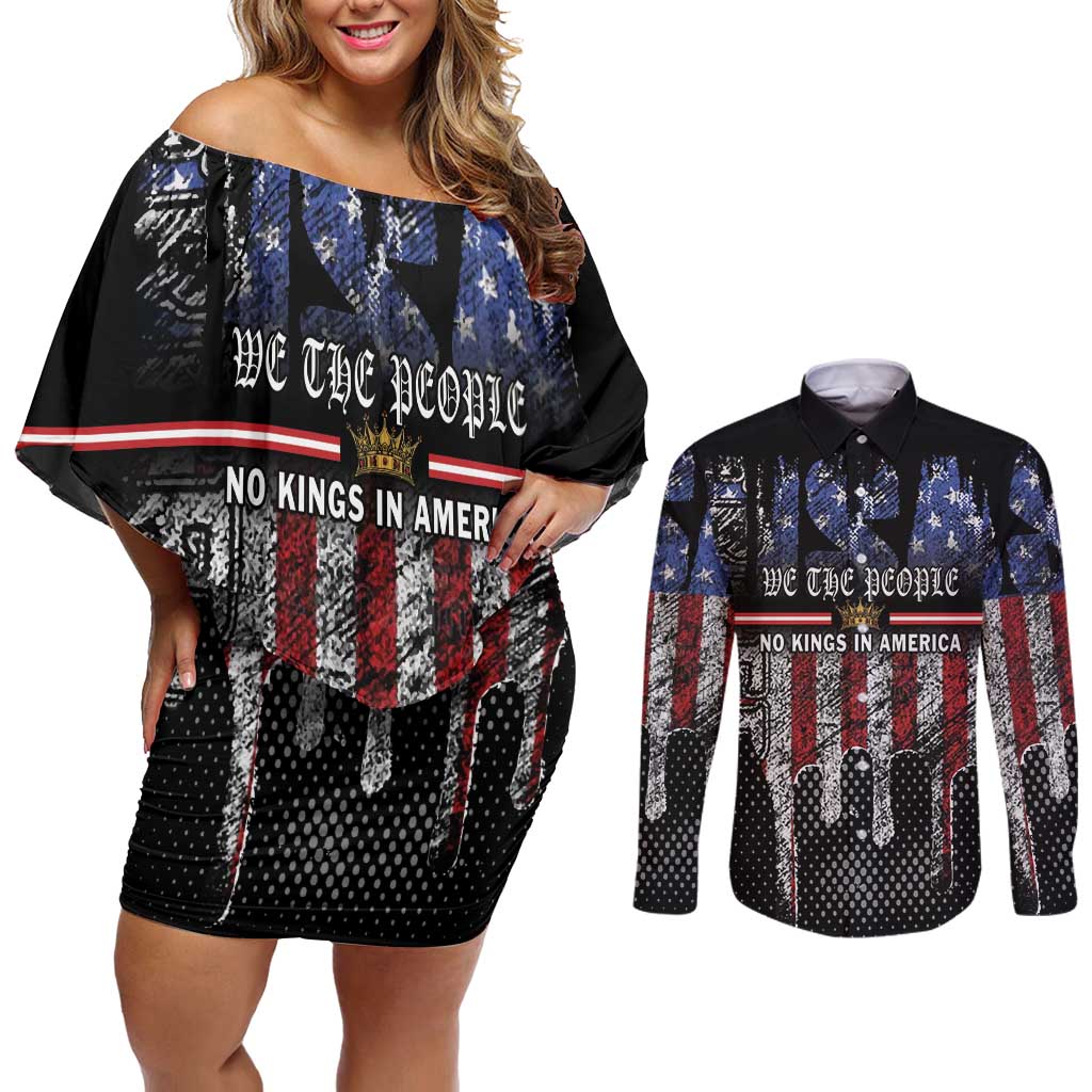 We The People Couples Matching Off Shoulder Short Dress and Long Sleeve Button Shirt No Kings In America Since 1776 - Wonder Print Shop