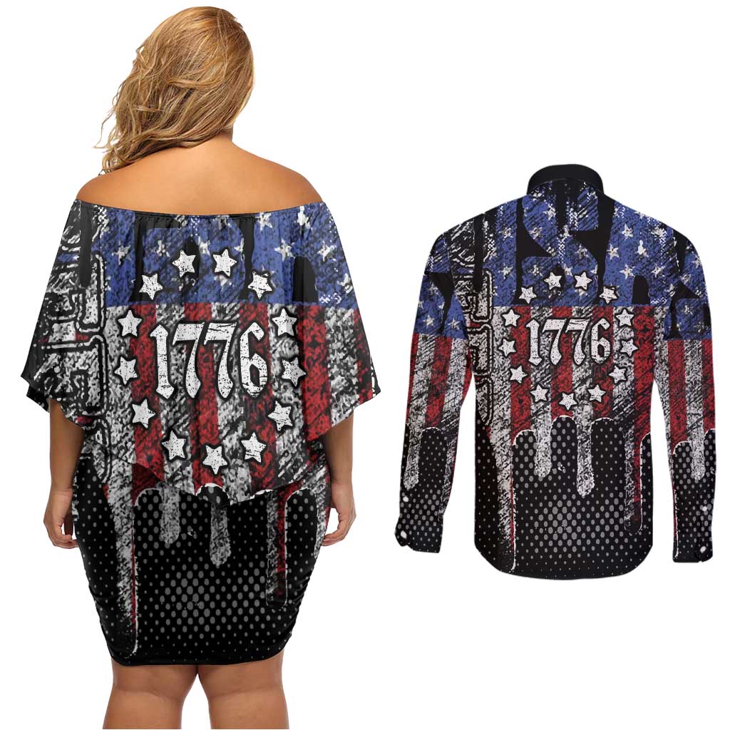 We The People Couples Matching Off Shoulder Short Dress and Long Sleeve Button Shirt No Kings In America Since 1776 - Wonder Print Shop