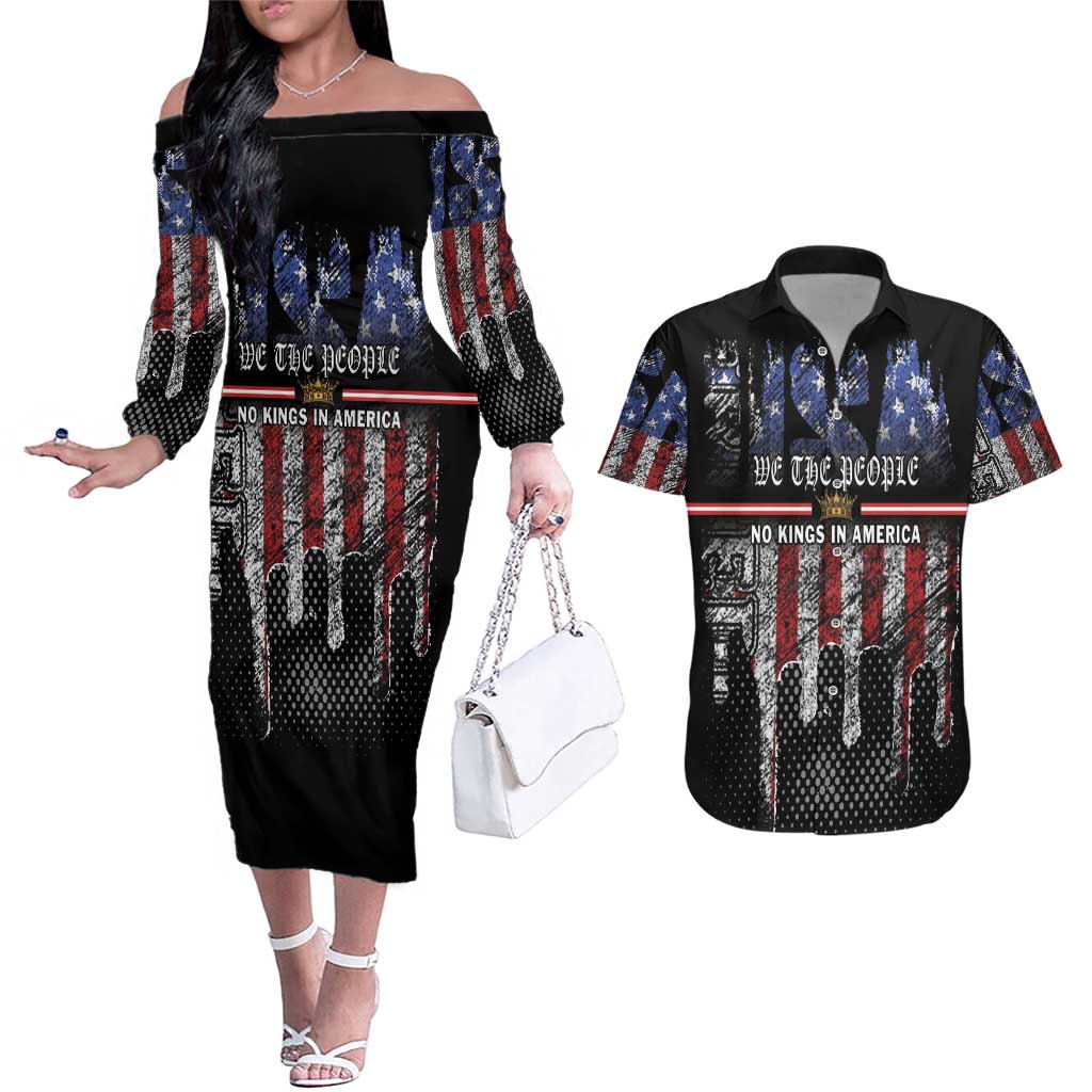 We The People Couples Matching Off The Shoulder Long Sleeve Dress and Hawaiian Shirt No Kings In America Since 1776 - Wonder Print Shop