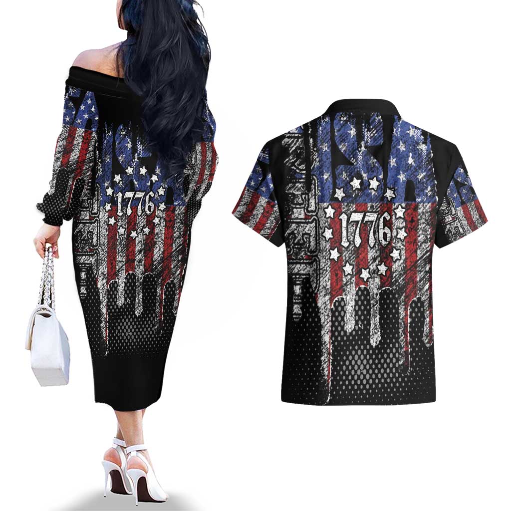 We The People Couples Matching Off The Shoulder Long Sleeve Dress and Hawaiian Shirt No Kings In America Since 1776 - Wonder Print Shop