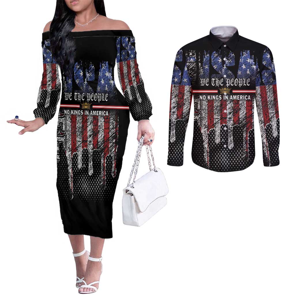 We The People Couples Matching Off The Shoulder Long Sleeve Dress and Long Sleeve Button Shirt No Kings In America Since 1776 - Wonder Print Shop