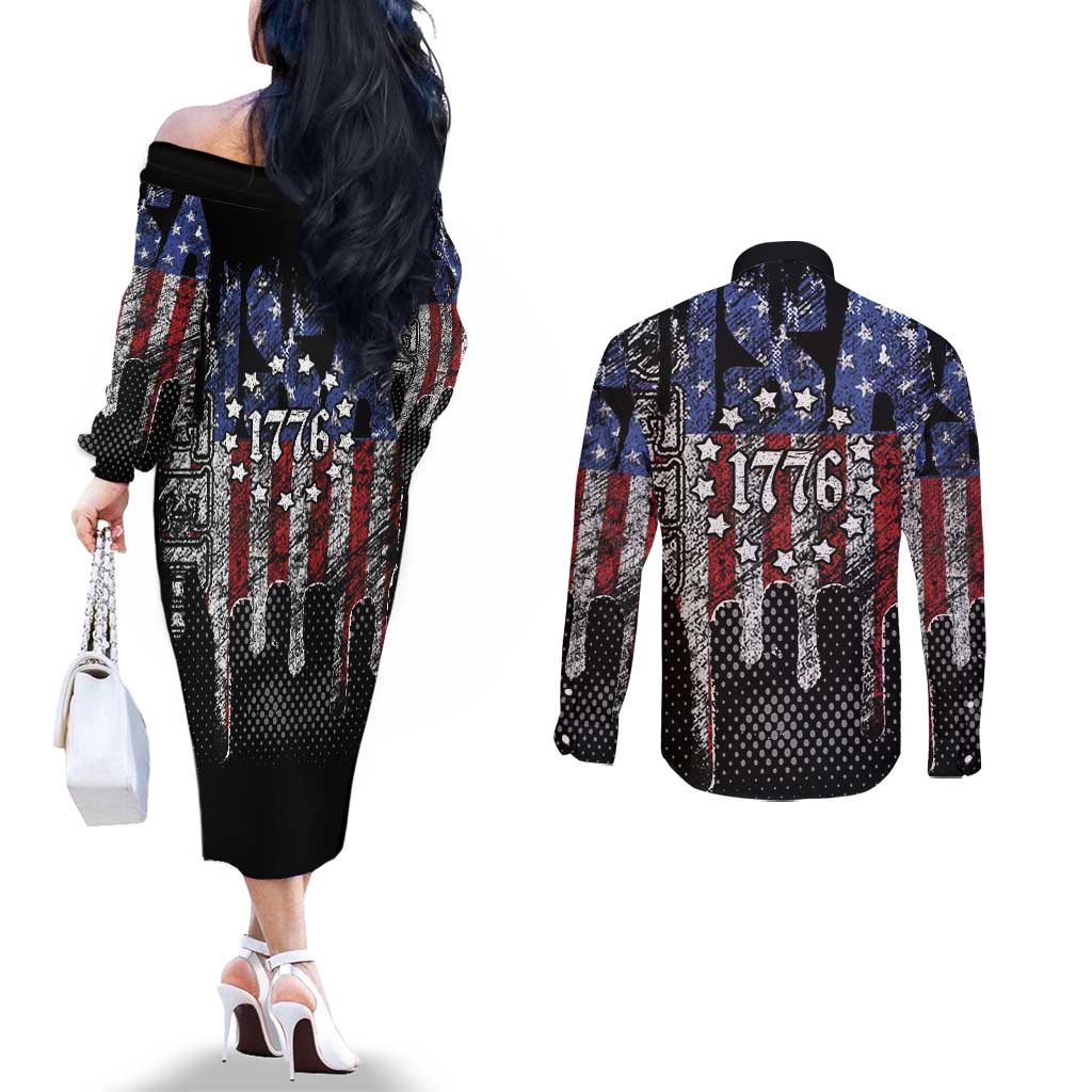 We The People Couples Matching Off The Shoulder Long Sleeve Dress and Long Sleeve Button Shirt No Kings In America Since 1776 - Wonder Print Shop