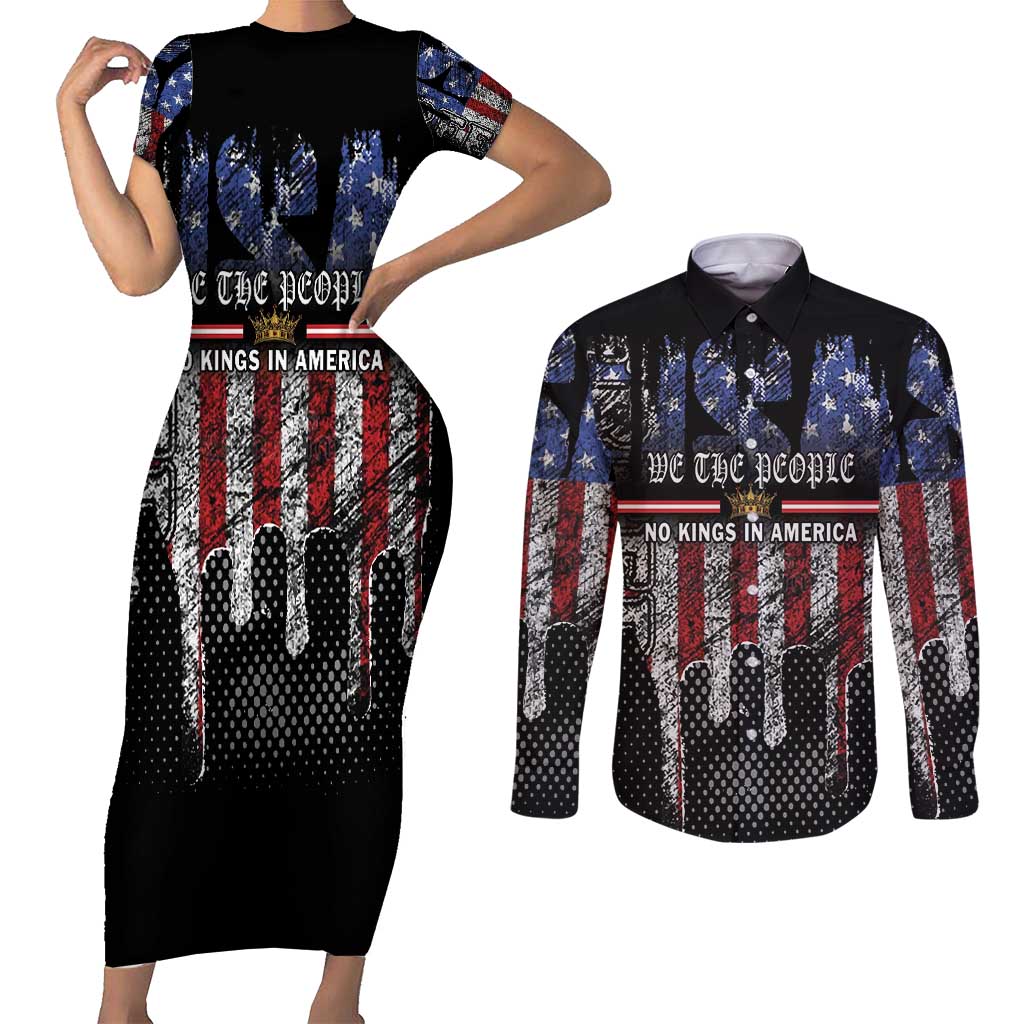 We The People Couples Matching Short Sleeve Bodycon Dress and Long Sleeve Button Shirt No Kings In America Since 1776 - Wonder Print Shop