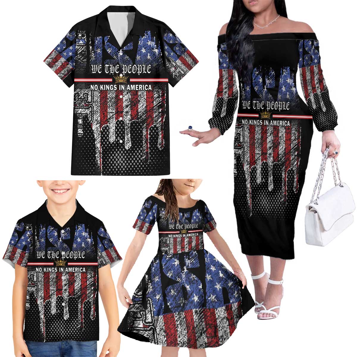 We The People Family Matching Off The Shoulder Long Sleeve Dress and Hawaiian Shirt No Kings In America Since 1776 - Wonder Print Shop