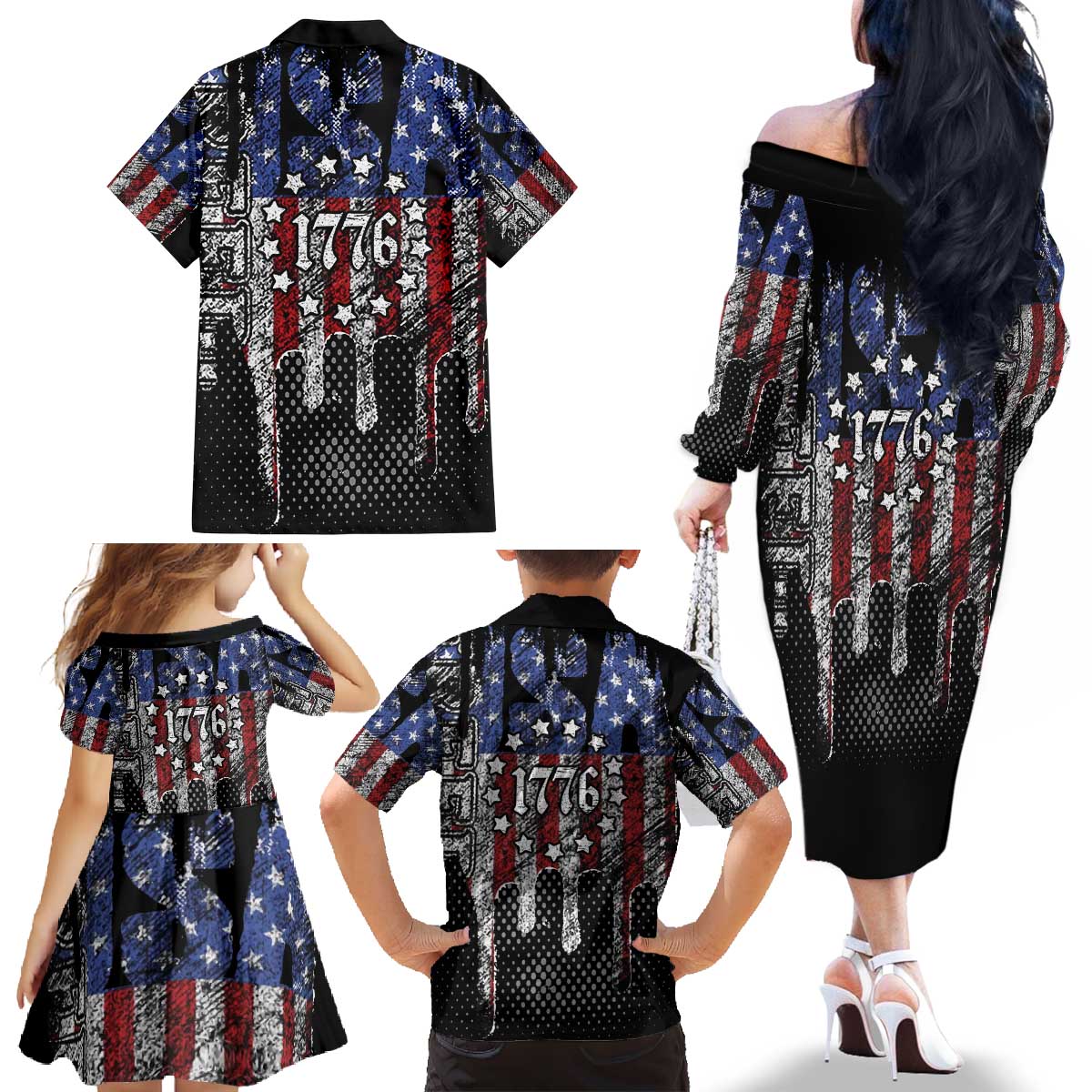 We The People Family Matching Off The Shoulder Long Sleeve Dress and Hawaiian Shirt No Kings In America Since 1776 - Wonder Print Shop