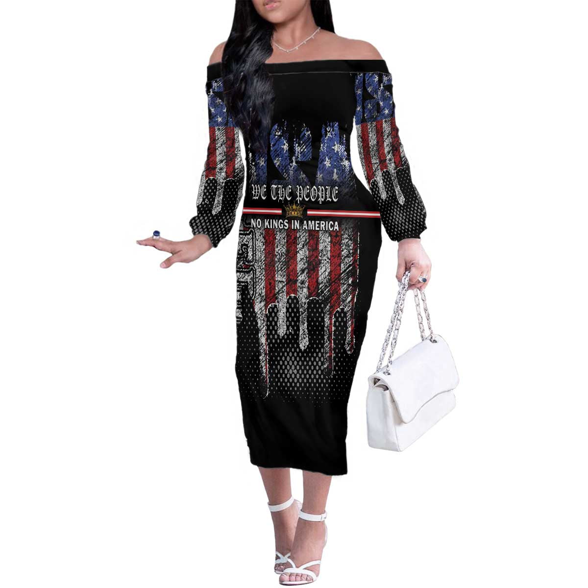 We The People Family Matching Off The Shoulder Long Sleeve Dress and Hawaiian Shirt No Kings In America Since 1776 - Wonder Print Shop