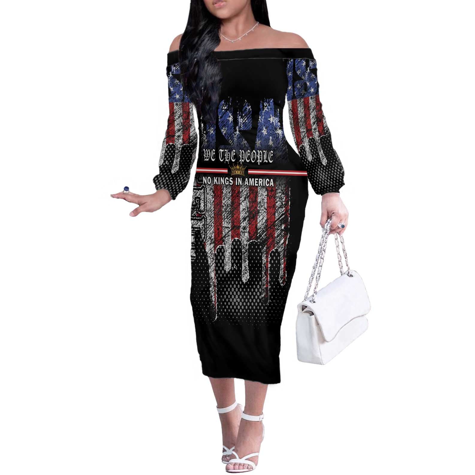 We The People Off The Shoulder Long Sleeve Dress No Kings In America Since 1776 - Wonder Print Shop
