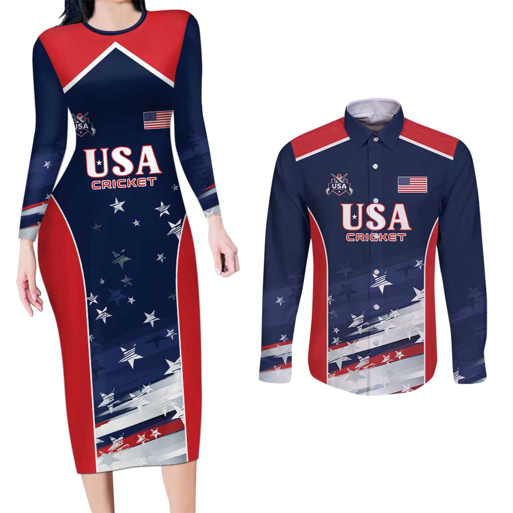 Custom USA Cricket Couples Matching Long Sleeve Bodycon Dress and Long Sleeve Button Shirt US Team Play Bold Play Proud - Wonder Print Shop