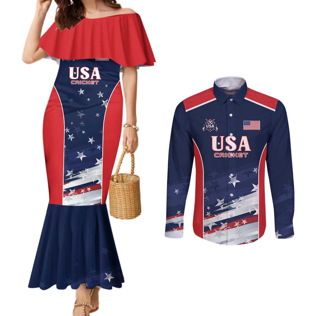Custom USA Cricket Couples Matching Mermaid Dress and Long Sleeve Button Shirt US Team Play Bold Play Proud - Wonder Print Shop
