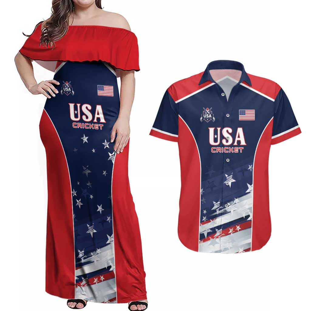 Custom USA Cricket Couples Matching Off Shoulder Maxi Dress and Hawaiian Shirt US Team Play Bold Play Proud - Wonder Print Shop