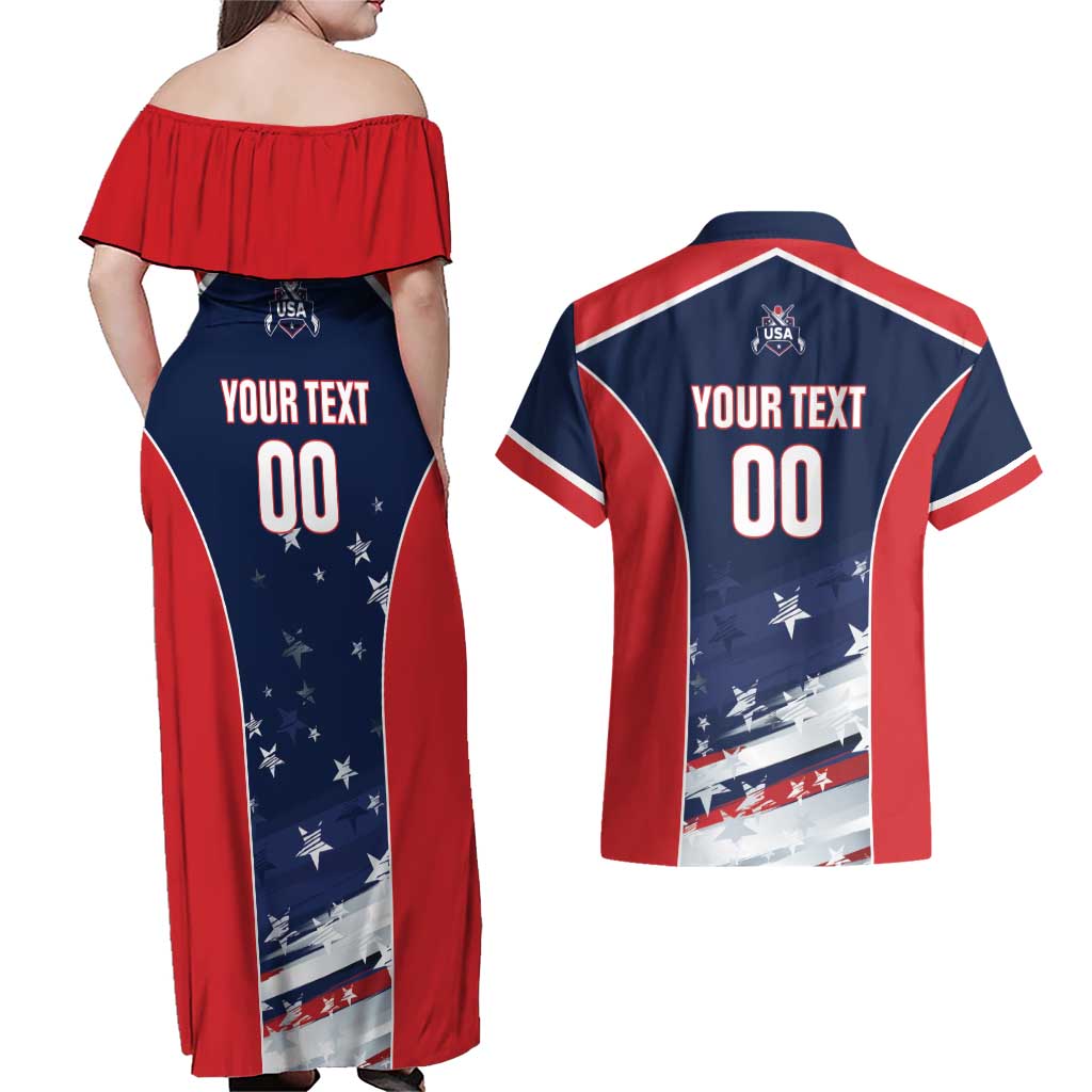 Custom USA Cricket Couples Matching Off Shoulder Maxi Dress and Hawaiian Shirt US Team Play Bold Play Proud - Wonder Print Shop