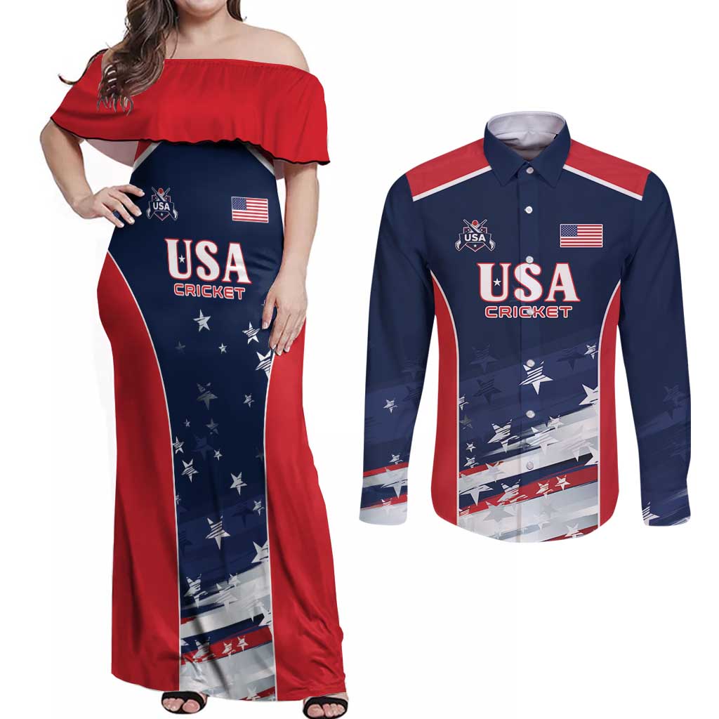 Custom USA Cricket Couples Matching Off Shoulder Maxi Dress and Long Sleeve Button Shirt US Team Play Bold Play Proud - Wonder Print Shop
