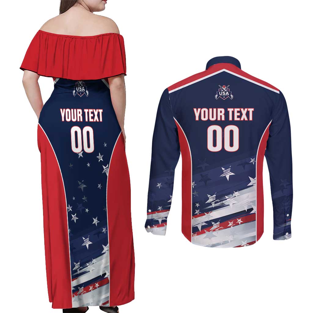 Custom USA Cricket Couples Matching Off Shoulder Maxi Dress and Long Sleeve Button Shirt US Team Play Bold Play Proud - Wonder Print Shop