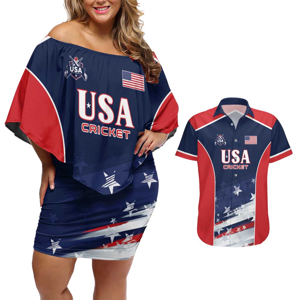 Custom USA Cricket Couples Matching Off Shoulder Short Dress and Hawaiian Shirt US Team Play Bold Play Proud - Wonder Print Shop