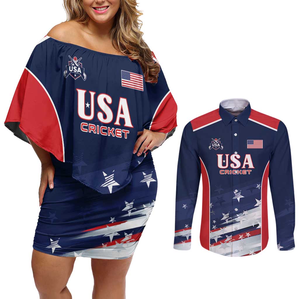 Custom USA Cricket Couples Matching Off Shoulder Short Dress and Long Sleeve Button Shirt US Team Play Bold Play Proud - Wonder Print Shop