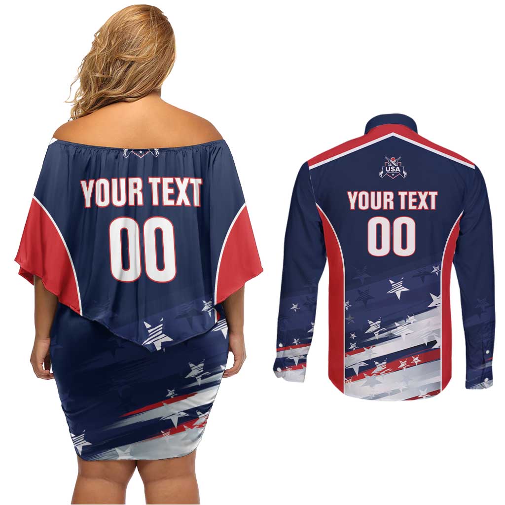 Custom USA Cricket Couples Matching Off Shoulder Short Dress and Long Sleeve Button Shirt US Team Play Bold Play Proud - Wonder Print Shop