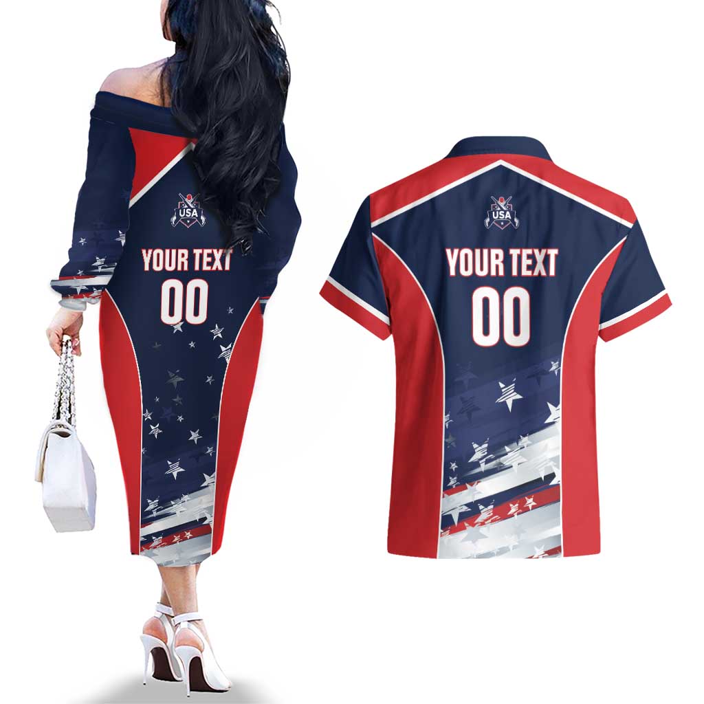 Custom USA Cricket Couples Matching Off The Shoulder Long Sleeve Dress and Hawaiian Shirt US Team Play Bold Play Proud - Wonder Print Shop